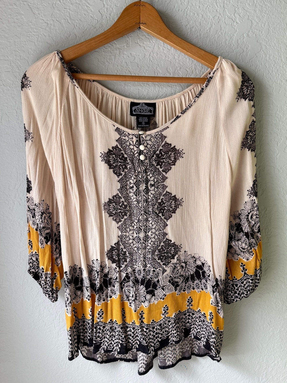 Angie Boho Peasant Blouse Small Fall Transitional Mustard Yellow Tunic